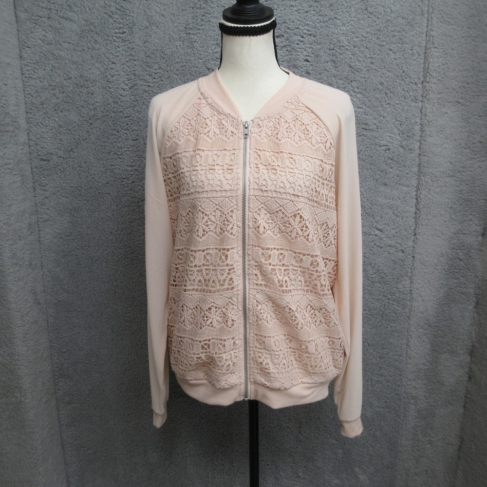 Signature Studio Lace Bomber Jacket Womens M Pink‎ Zip Crochet Boho Romantic